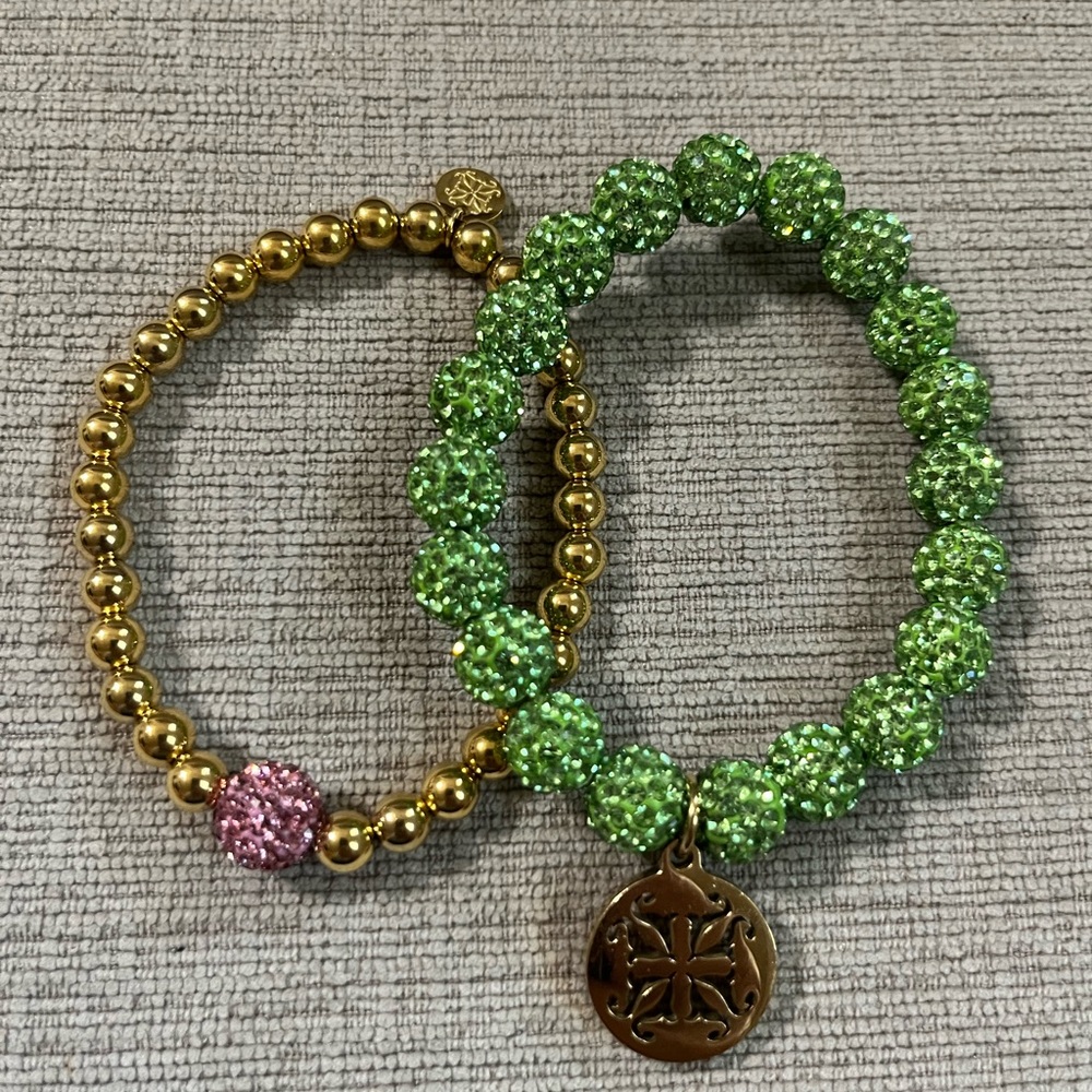 Rustic Cuff Gold With pink and Green crystal beads Bracelet Duo